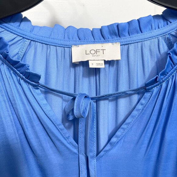 Loft Long-Sleeve Elastic Waist‎ Mini Dress With Tie Neck in Blue Size 2 - Picture 6 of 7